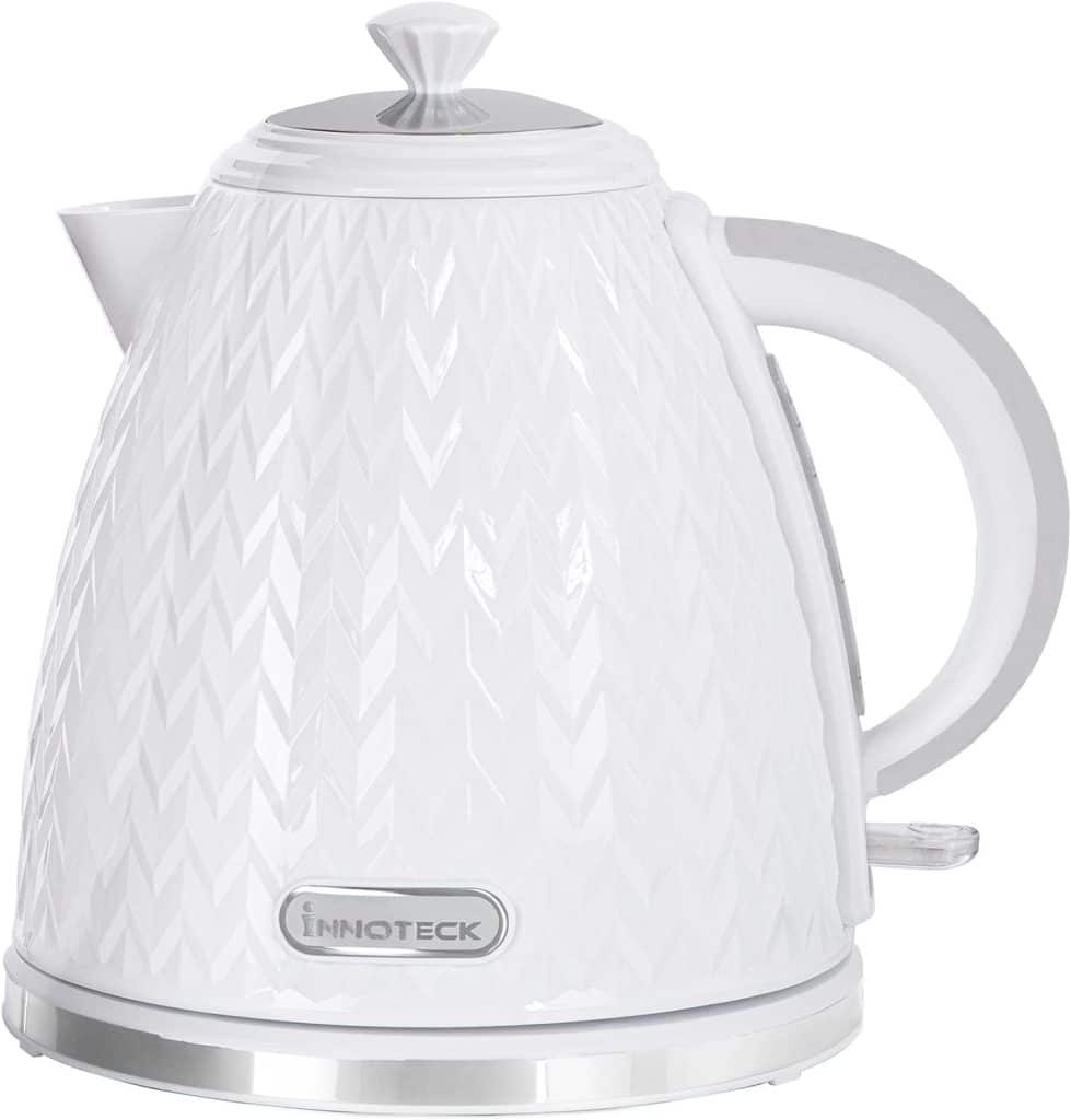 Innoteck Kitchen Pro 1.7L Electric Kettle - White Stylish Textured Body Stainless-Steel Accents - Cordless BPA-Free Hot Water Boiler with Auto Shut-Off - Boil Water Quickly for Preparing Tea, Coffee