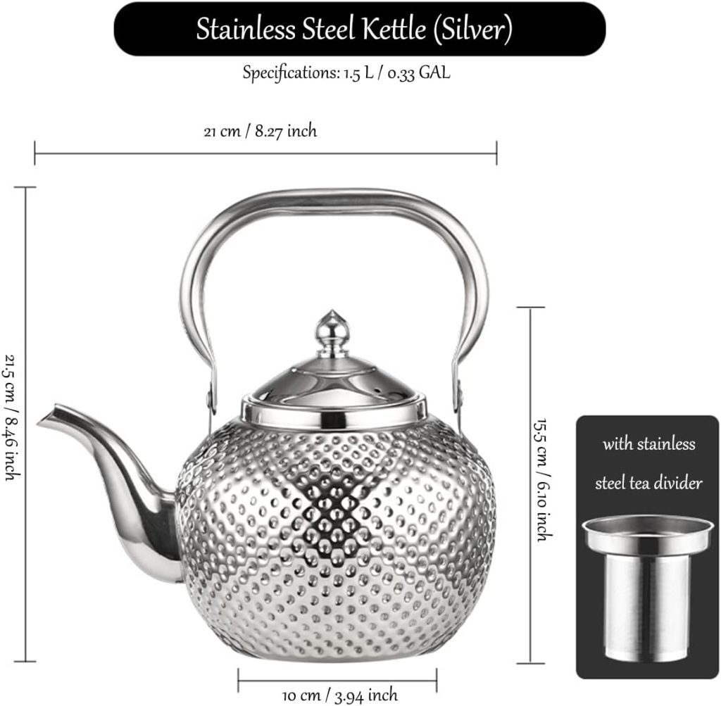 Verve Jelly 1.5L Teapot Stainless Steel Tea Kettle with Infuser Water Pot, Fast Boiling Heat Water Tea Pot Teakettle for Stovetop Induction Stove Top, Silver, 8.5 * 8.3 * 8.3in