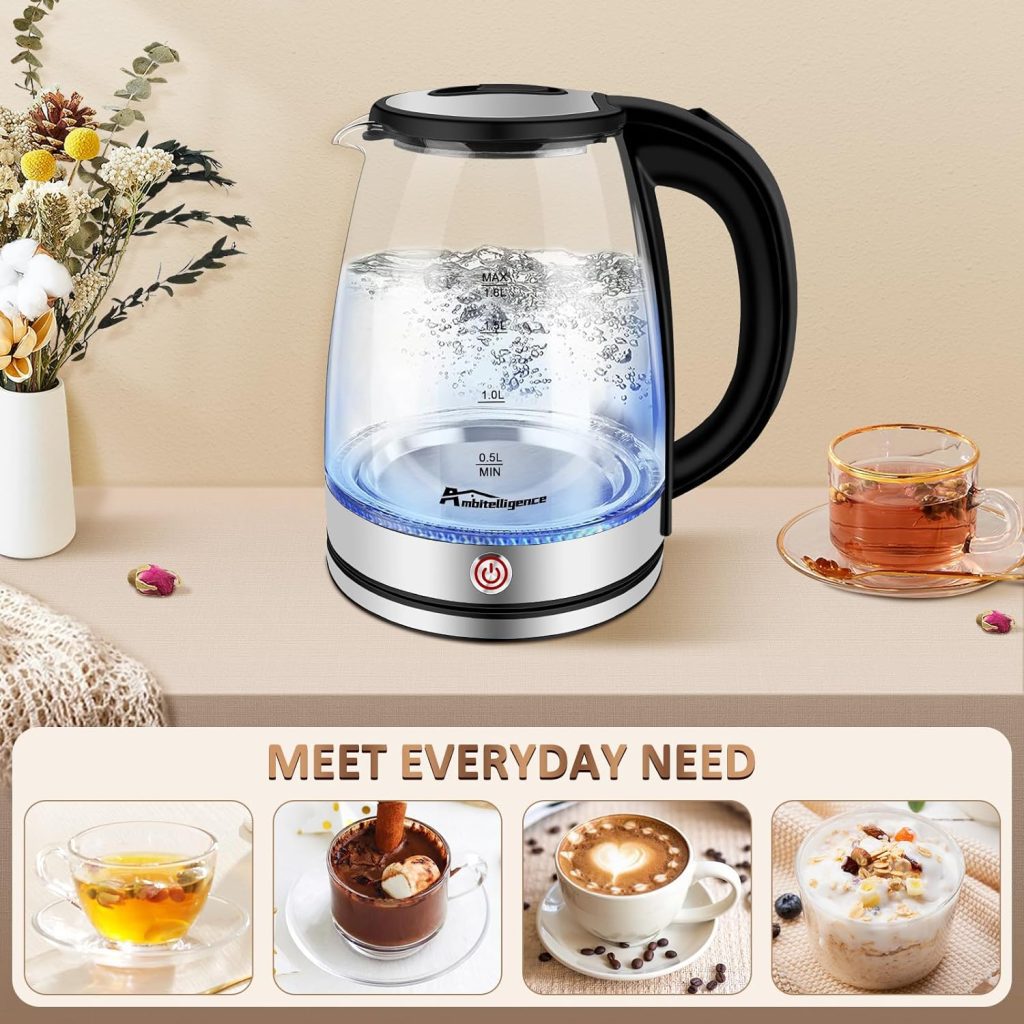 Ambitelligence Electric Kettle Keep Warm, 1.8L Glass Tea Kettle, Hot Water Boiler with LED Light, Auto Shut-Off  Boil Dry Protection, Stainless Steel