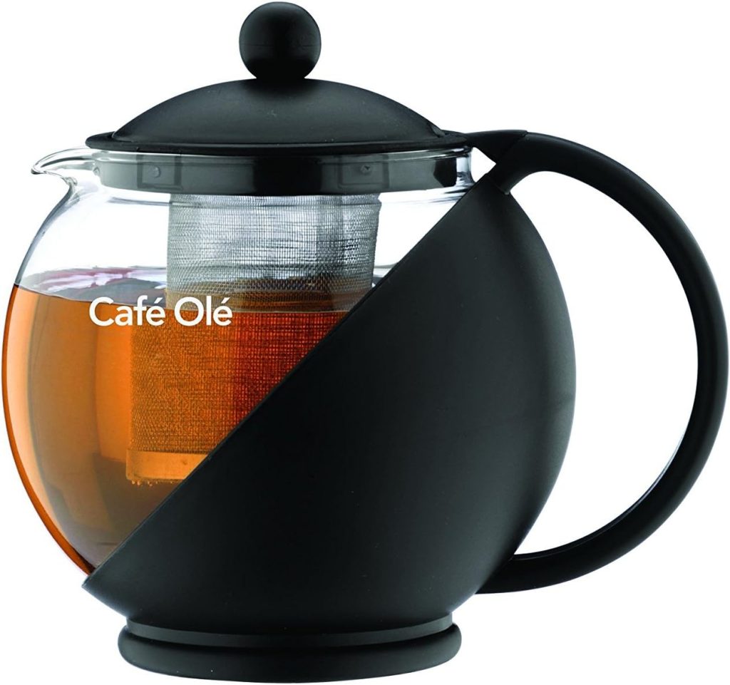 Café Ole CMP-07TP Everyday Round Tea Pot Infuser Basket Glass Teapot Loose Leaf 700 ml/24 oz, Black