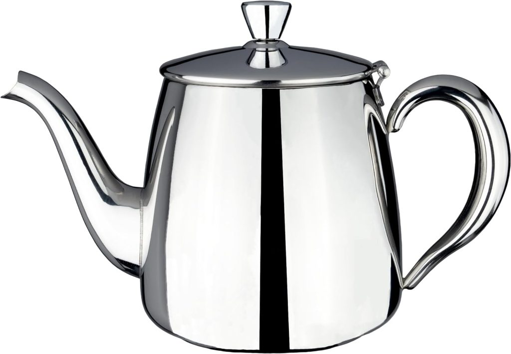 Café Olé PT-035 Premium Tea Pot, 18/10 Stainless Steel, Mirror Polished, 35oz, Stay Cool Hollow Handles, Perfect Pour Spout, Silver