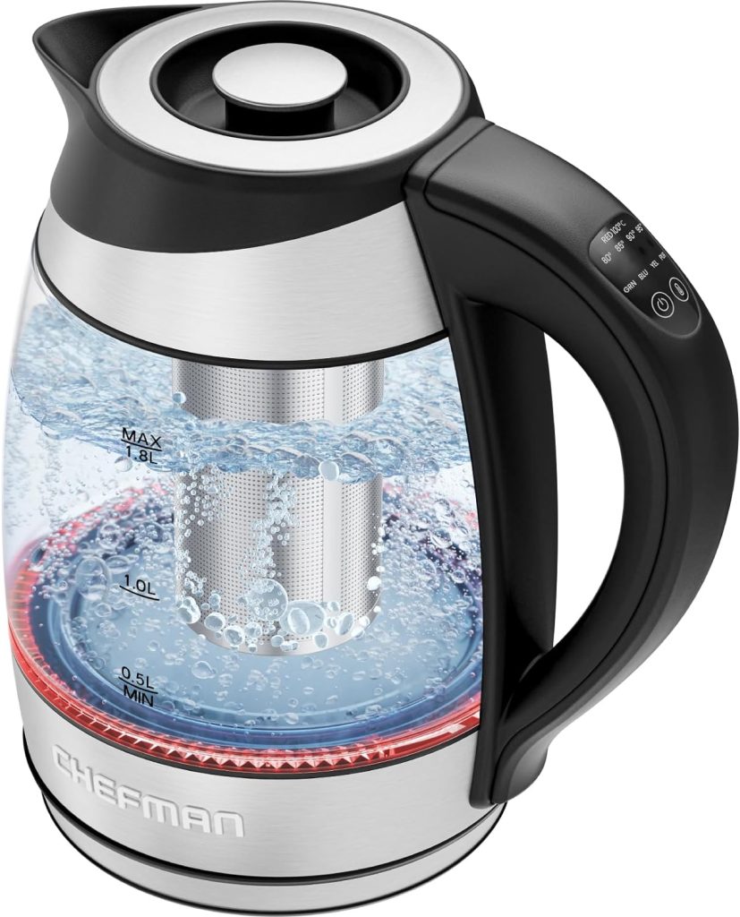 Chefman Electric Kettle with Temperature Control  5 Presets, 1.8 Litre, Removable Tea Infuser, LED Indicator Lights, Cordless Glass Tea Kettle  Hot Water Boiler, BPA Free, 2200W, Stainless Steel