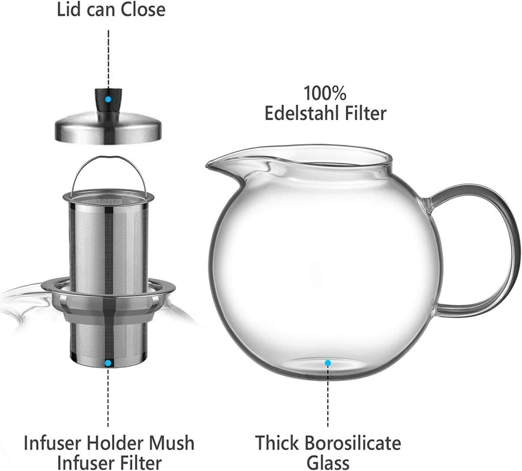 Ehugos Glass Teapot, 1500ml Stovetop Safe Tea Kettle with Infuser Borosilicate Glass Water Jug Clear Tea pot Maker for Loose Leaf Tea, Hot/Iced Water, Juice Beverage