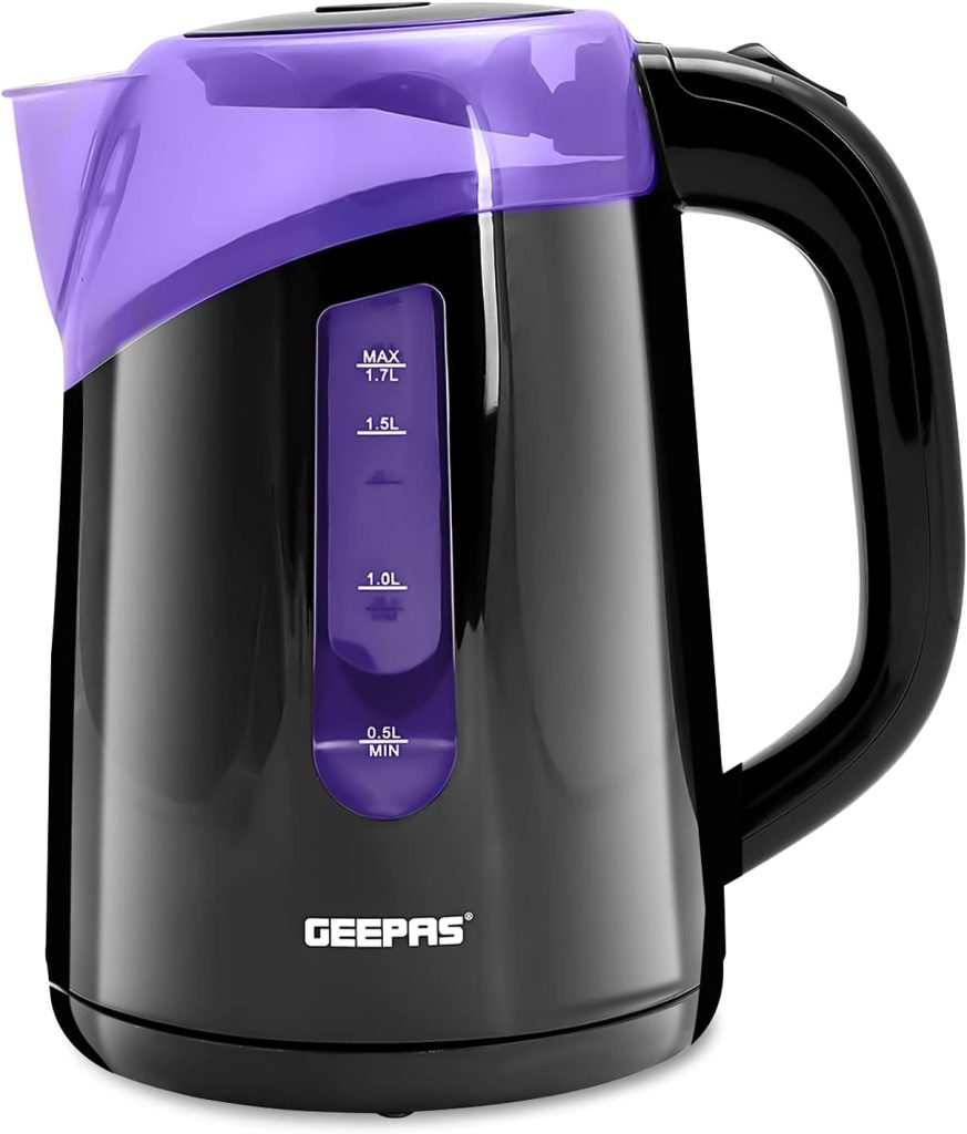 Geepas 2200W Illuminating Electric Kettle | Boil Dry Protection  Auto Shut Off | 1.7L Cordless Jug Kettle with LED Lighting for Hot Water Tea or Coffee | Swivel Base with Auto Lid Open           [Energy Class A+]