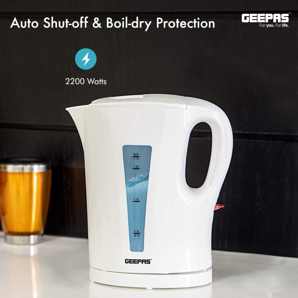 Geepas Electric Kettle, 2200W | Boil Dry Protection  Auto Shut Off | 1.7L Cordless Fast Boil Jug Kettle for Hot Water Tea or Coffee | Swivel Base with Manual Lid Open | 2 Year Warranty           [Energy Class A+]