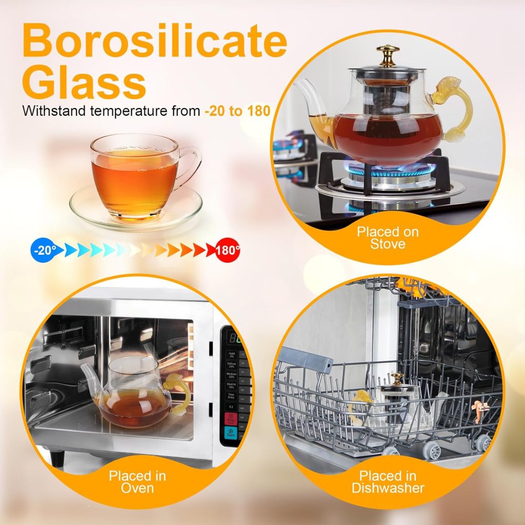 Glass Teapot, Withstand Temperature from -20 ℃ to 180℃, 400ml teapot with Food-Grade Stainless Strainer, Placed on stovetop, Mirowave or Dishwasher 100% Hand Crafted Teapot, Glass Teapot