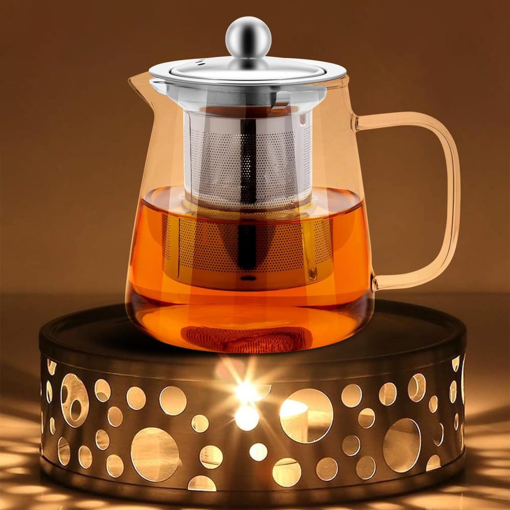 Honneeo Glass Teapots 1500 1200 1000 750 450ml Borosilicate Glass Tea Pots with Infuser, Stovetop Safe Tea Kettle with 304 Stainless Still Strainer for Loose Leaf Herbal Fruit Tea (450ml Teapot)