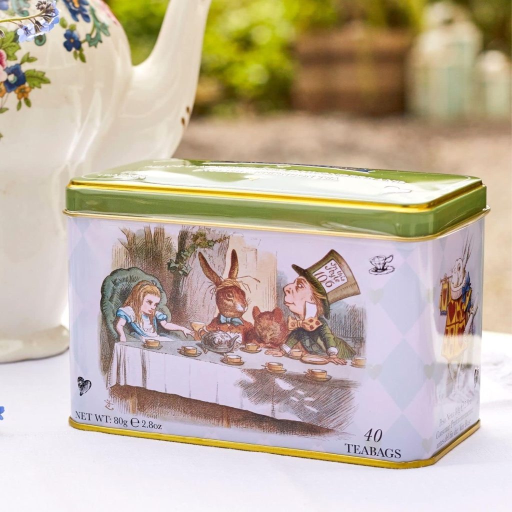 New English Teas Alice in Wonderland Tea Caddy with 40 English Afternoon Tea Bags, Mad Hatter Tea Party Decorations, Small Tea Tin, Teabag Box with Ceylon Tea Bags