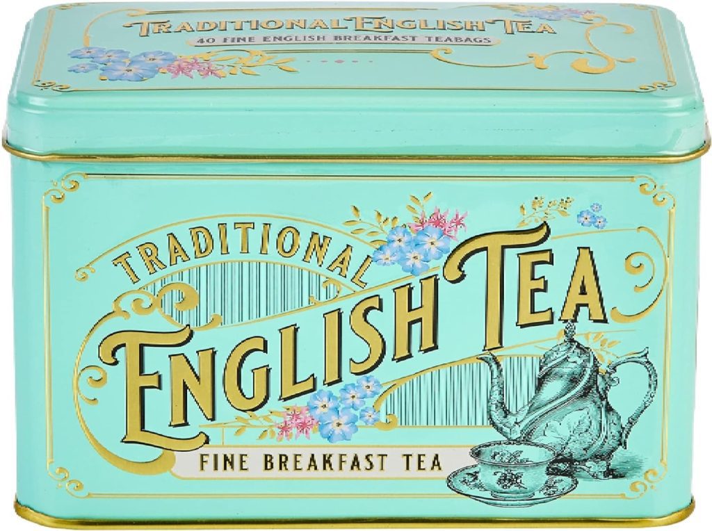 New English Teas Vintage Victorian Tea Caddy with 40 English Breakfast Tea Bags, Forget Me Not Florals, Ceylon Tea Bags, Black Tea, Mint Green Small Tea Tin