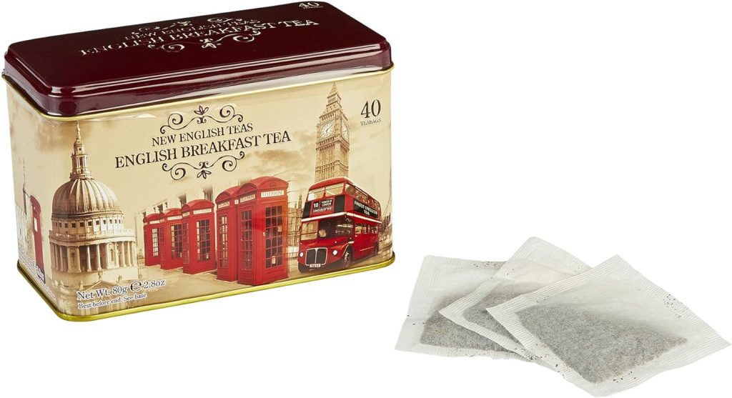 New English Teas Vintage Victorian Tea Caddy with 40 English Breakfast Tea Bags, Forget Me Not Florals, Ceylon Tea Bags, Black Tea, Mint Green Small Tea Tin