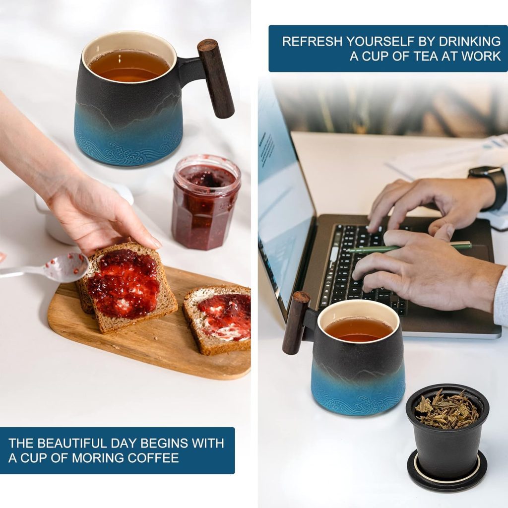 SULIVES Tea Cup with Lid, Porcelain Tea Mug with Stainless Steel Infuser, Gradient Large Ceramic Teacup, Perfect for Office and Home Use, Black 400ml (Black Cyan)