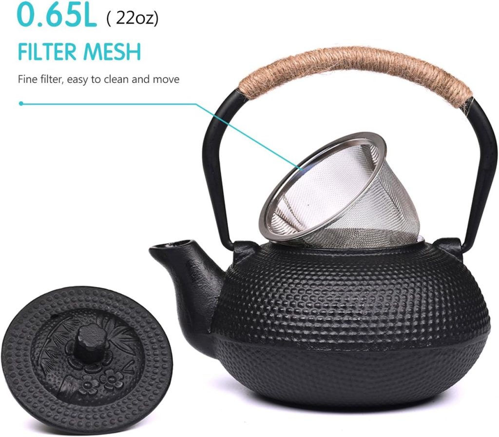 SUSTEAS Japanese Tetsubin Tea Kettle Cast Iron Teapot with Stainless Steel Infuser Black 650ml