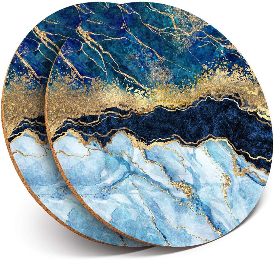 2 x Round Coasters - Marbled Art Effect Blue Gold Marble - Cork Backed Home Kitchen Accessory Tea Coffee Mug Mat #21152 [Energy Class A+]