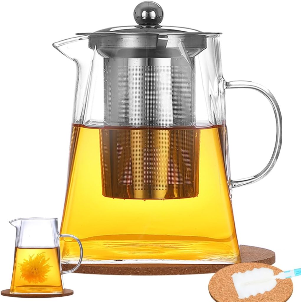 AODIGEGE Square Glass Teapot with Infuser, 950ml Tea pot, Teapot Cork Coasters, Bottle Cleaning Brush, Borosilicate Glass Teapot for Stovetop Safe,Glass Teapot for Blooming Tea,Loose Tea,Flowering Tea
