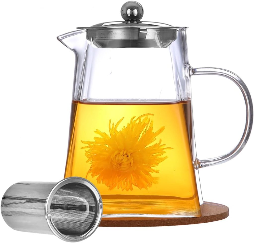 AODIGEGE Square Glass Teapot with Infuser, 950ml Tea pot, Teapot Cork Coasters, Bottle Cleaning Brush, Borosilicate Glass Teapot for Stovetop Safe,Glass Teapot for Blooming Tea,Loose Tea,Flowering Tea