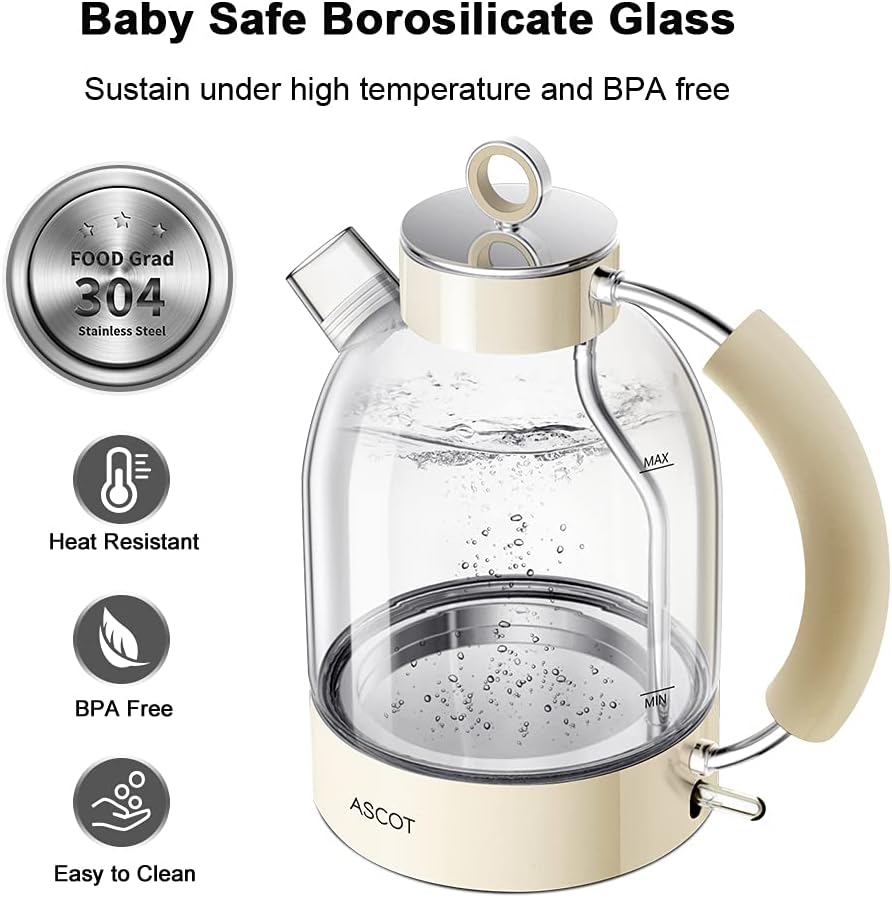 ASCOT Electric Kettle, Glass Electric Tea Kettle, Gift for Man/Women/Family, 1.5L Borosilicate Glass Tea Heater  Hot Water Boiler, BPA-Free, Auto Shut-Off and Boil-Dry Protection (Silver)