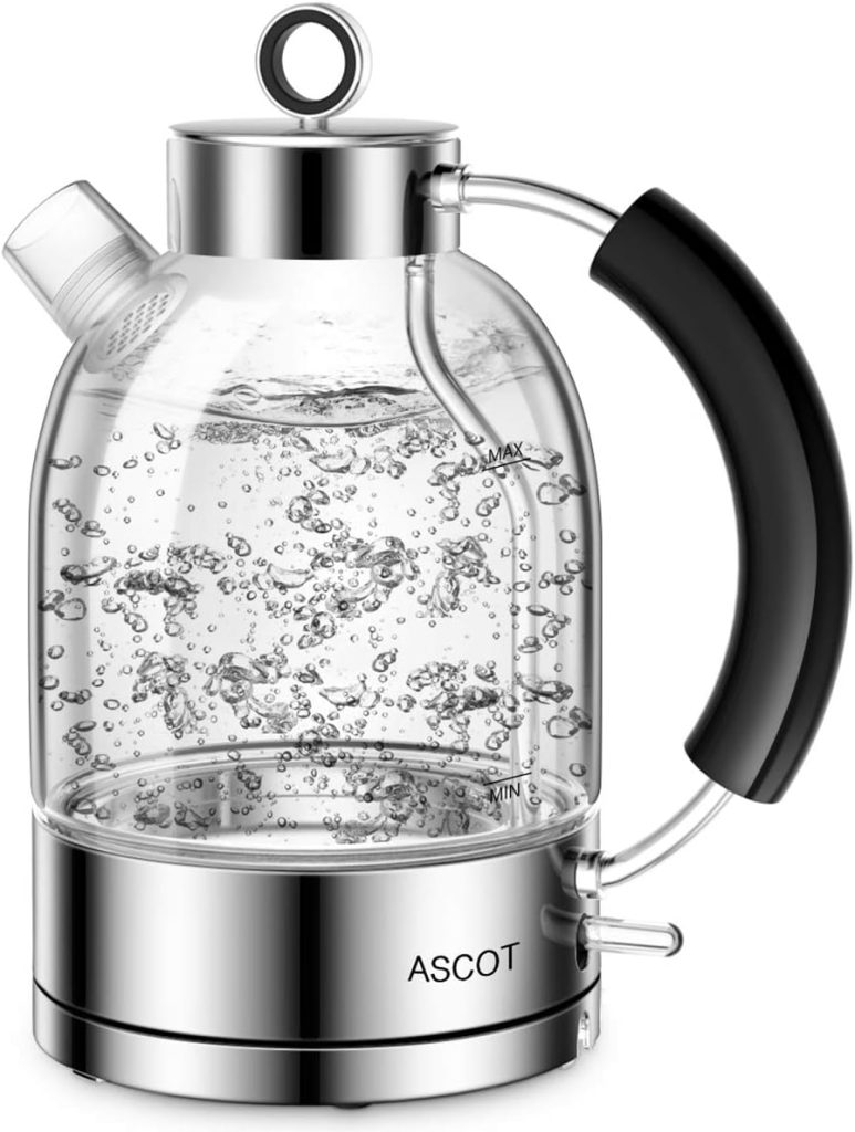 ASCOT Electric Kettle, Glass Electric Tea Kettle, Gift for Man/Women/Family, 1.5L Borosilicate Glass Tea Heater  Hot Water Boiler, BPA-Free, Auto Shut-Off and Boil-Dry Protection (Silver)