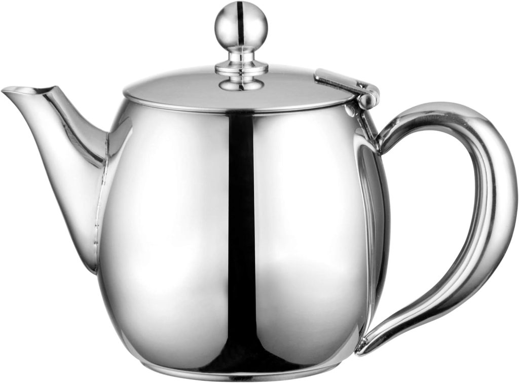 Café Olé BUT-035 Buxton Teapot, 35oz (990ml) 18/10 Stainless Steel Tea Pot with Stay-Cool Handles, Spill-Free Spout, Mirror Finish, 1 Liter, High Gloss Polish