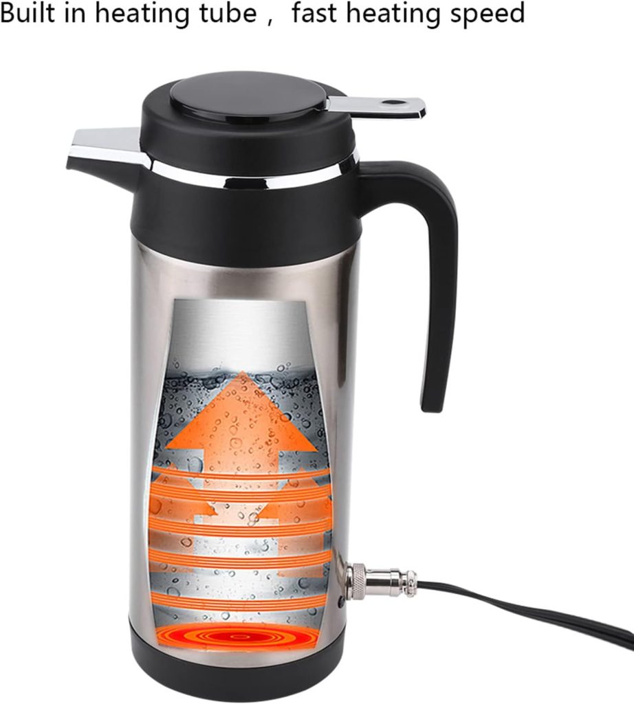 Car Electric Kettle 12V 1200mL Stainless Steel Travel Kettle Car Kettle with Cigarette Lighter Portable Travel Kettle for Hot Water, Coffee, Tea