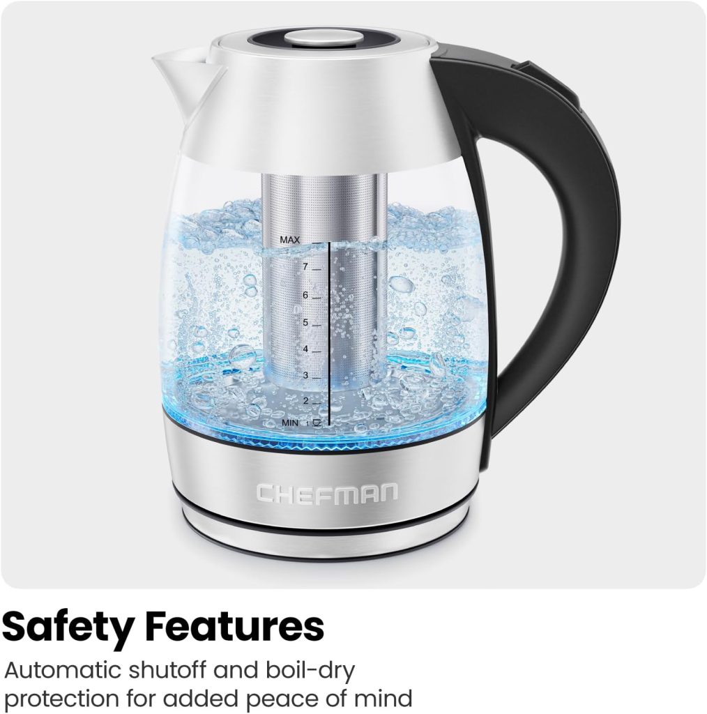 Chefman Glass Electric Kettle with Tea Infuser, 1.8L, LED Indicator Light, Removable Lid for Easy Cleaning, Auto Shut Off  Boil-Dry Protection, BPA Free, Electric Tea Kettle, 2200W, Stainless Steel