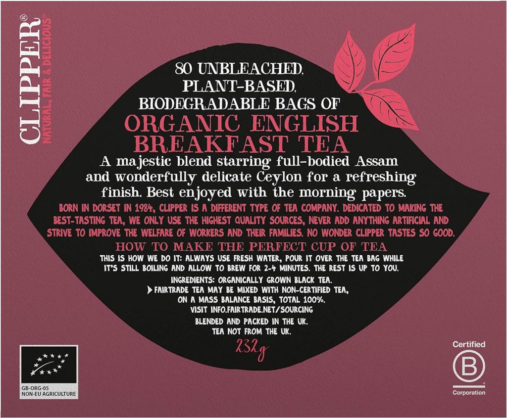 Clipper Fairtrade Organic English Breakfast Tea Bags | Black Tea Bags | Natural, Unbleached, Plant-Based Biodegradable  Sustainable Teabags | Eco Conscious, Non GM  Fair Trade Tea (80 Teabags)