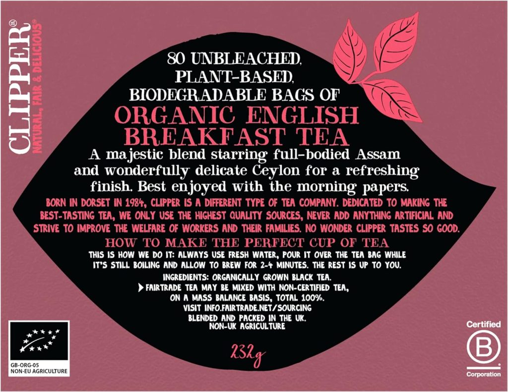 Clipper Fairtrade Organic English Breakfast Tea Bags | Black Tea Bags | Natural, Unbleached, Plant-Based Biodegradable  Sustainable Teabags | Eco Conscious, Non GM  Fair Trade Tea (80 Teabags)