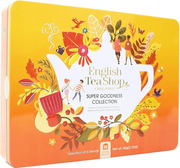 english tea shop organic super goodness collection gift tin 36 tea bag sachets 6 different flavours