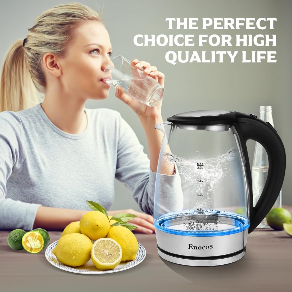 Enocos Electric Kettle, 2.0L Glass Kettles with Blue LED, 2300W, 5 Mins Fast Boil, Easy to Clean, Auto Shut-Off and Boil-Dry Protection