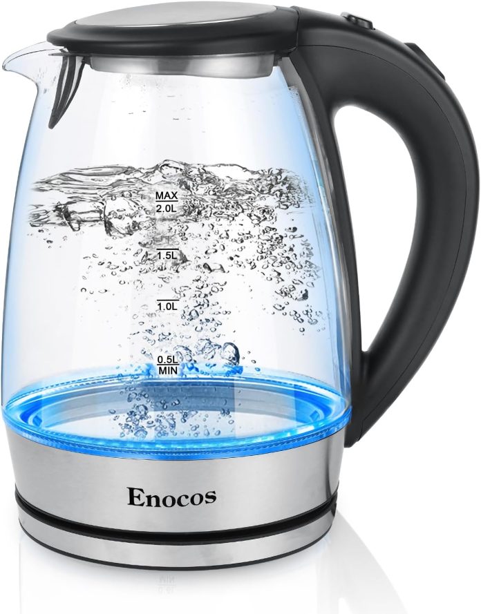 enocos electric kettle 20l glass kettles with blue led 2300w 5 mins fast boil easy to clean auto shut off and boil dry p