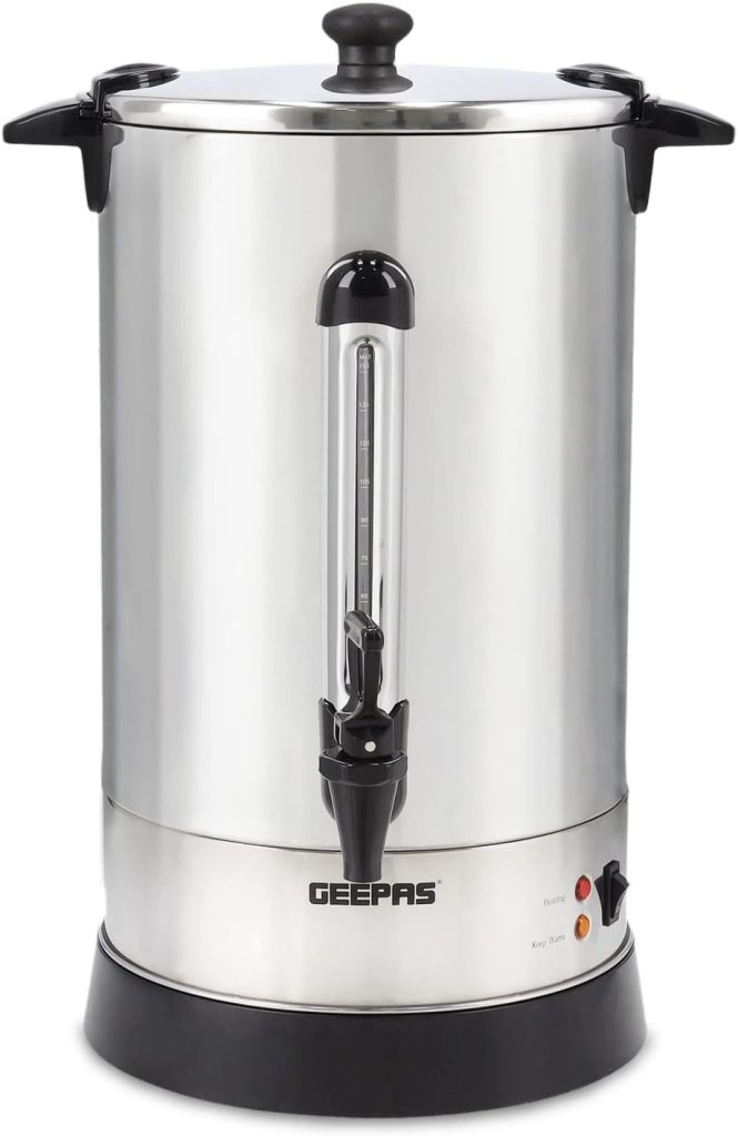 Geepas Electric Catering Urn, 1650W Instant Hot Water Boiler Dispenser - Tea Urn Kettle Home Brewing Commercial or Office Use with Keep Warm- Easy Pour Tap, 20 Litre, Stainless Steel – 2 Year Warranty