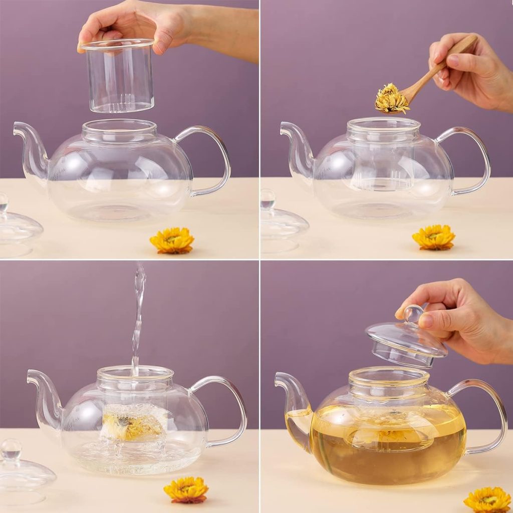 Kyraton 1000ml Glass Teapot with Removable Infuser  Blooming and Loose Leaf Tea Maker Set, Stovetop  Microwave Safe Tea Kettle.