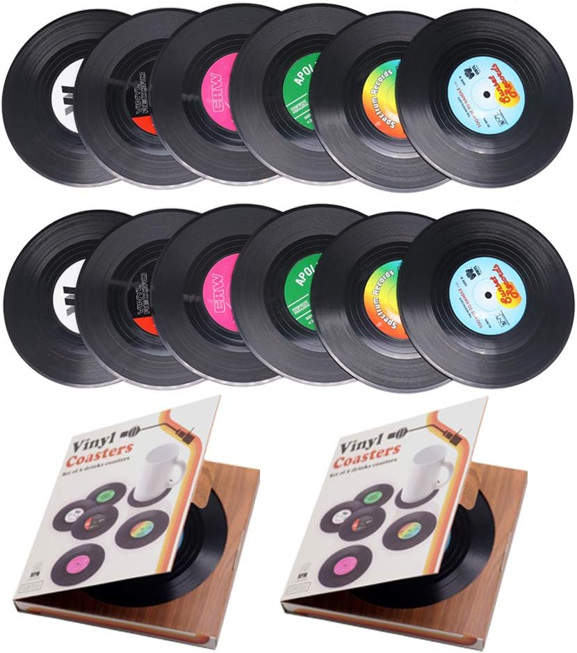 Personalised 12 PCS Retro CD Record Vinyl Anti-Heat/Slip Drinks Coasters for Coffee Tea Beer Mug Wine Glass BottleTabletop Protection from Water Marks  Damage Home and Bar