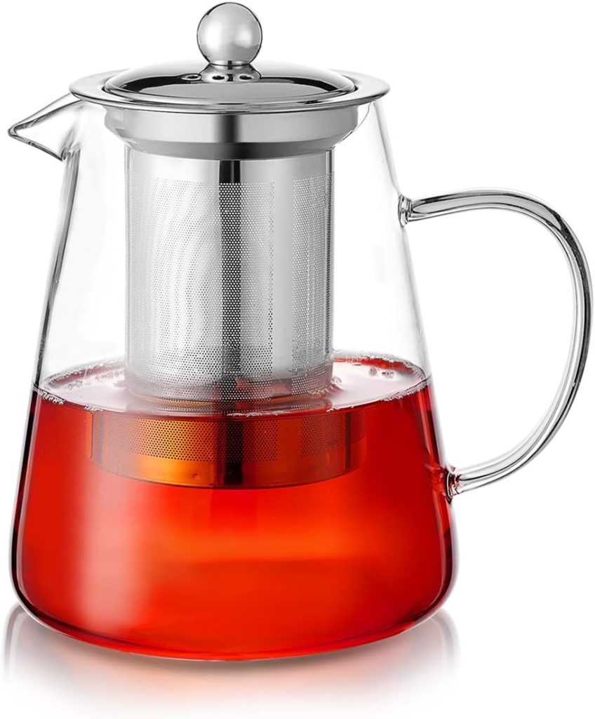PluieSoleil Clear Glass Teapot with Infuser, Round Shape Infuser Tea Pot, Heat-Resistant Borosilicate Glass Strainer Teapot, Stovetop Safe Tea Maker for 2-3 Cups (750ML)