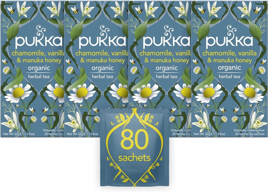 Pukka Herbs | Chamomile, Vanilla and Manuka Honey Organic Herbal Tea | Chamomile, Vanilla, Honey and Fennel | Perfect For Calming | 4 packs | 80 Sachets