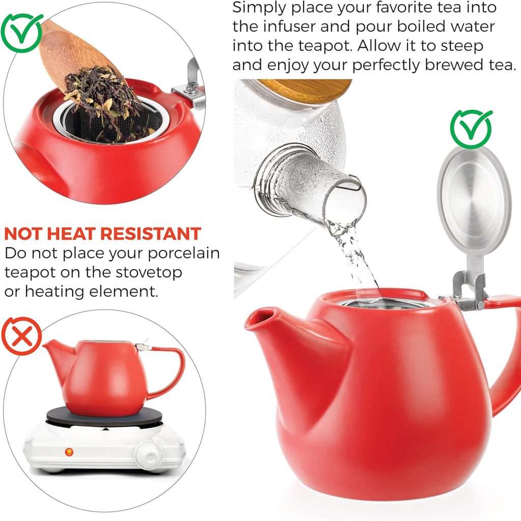 Tealyra - JOVE Porcelain Large Teapot Red - 1000ml (3-4 Cups) - Japanese Made - Stainless Steel Lid and Extra-Fine Infuser to Brew Loose Leaf Tea - 34-Ounce
