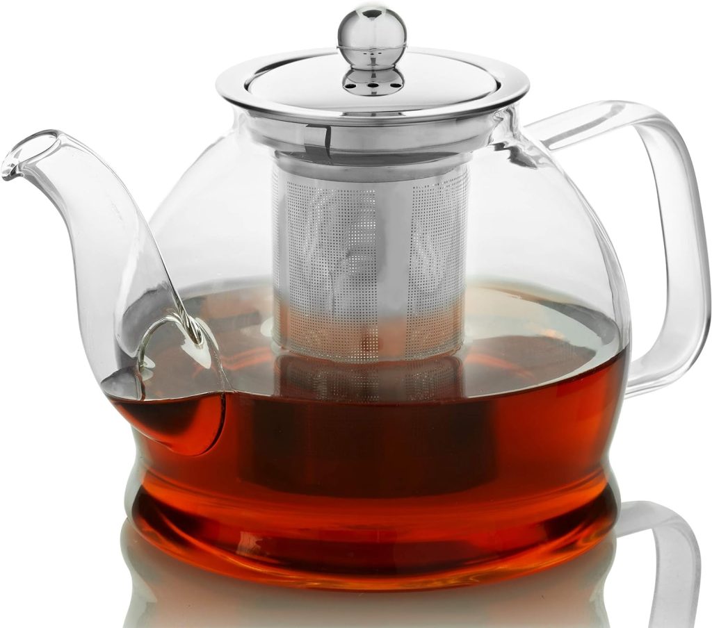 Teapot with Infuser for Loose Tea - 33oz, 4 Cup Tea Infuser, Clear Glass Tea Kettle Pot with Strainer Warmer - Loose Leaf, Iced Tea Maker Brewer