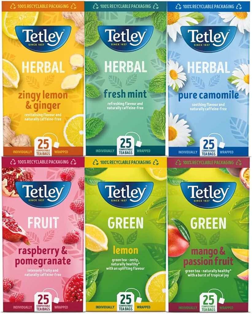 Tetley Mixed Variety Fruity String Tag Envelopes 3x2x25s, Assorted, Pack of 6 x 25
