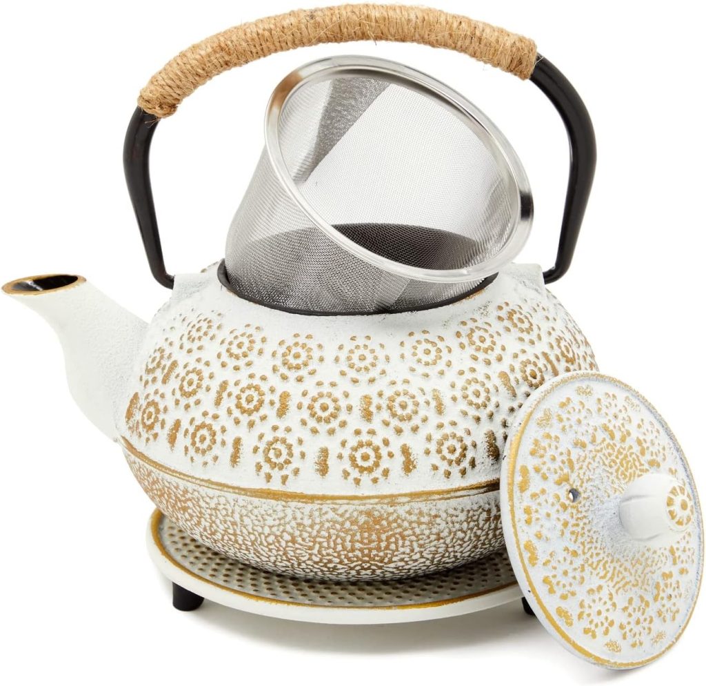 White Cast Iron Japanese Teapot with Handle, Infuser, and Trivet, 800 ml