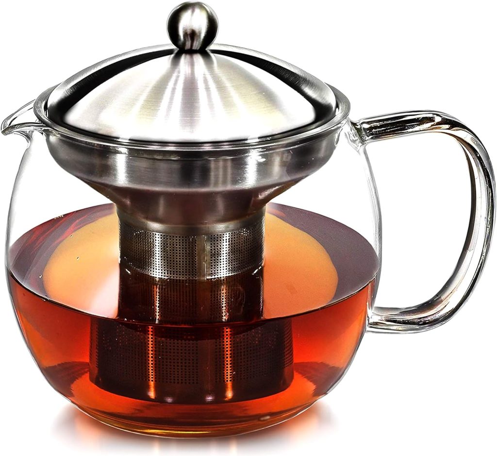 Willow  Everett Glass Teapot - Tea Pot  Warmer Set w/Cosy - Kettle w/in-Built Stainless Steel Infuser  Strainer to Brew Loose Leaf Tea - 3-4 Cups