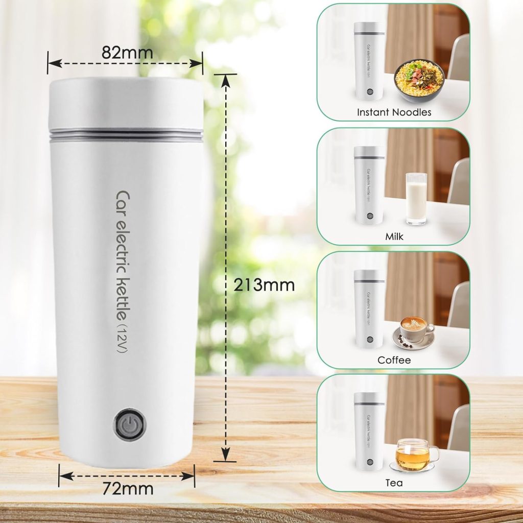 Yunnyp Portable Travel Electric Cup 12V 80W Electric Kettles Compact Travel Car Electric Water Cup with 304 Stainless Steel Liner for Hot Water Coffee Tea Baby Milk/ 400ml, One Key Operation