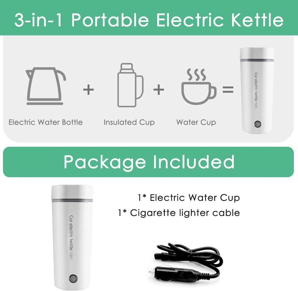 Yunnyp Portable Travel Electric Cup 12V 80W Electric Kettles Compact Travel Car Electric Water Cup with 304 Stainless Steel Liner for Hot Water Coffee Tea Baby Milk/ 400ml, One Key Operation