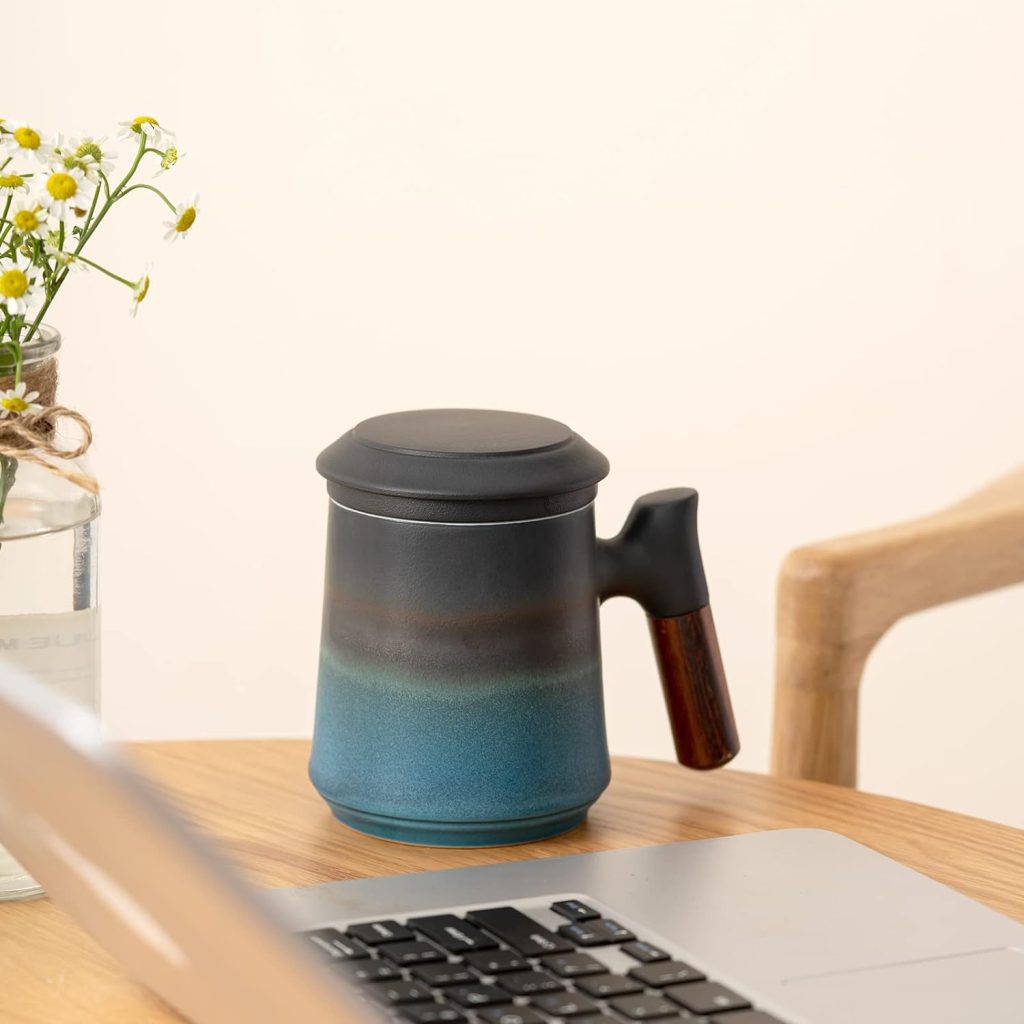 ZENS Tea Mug with Infuser and Lid, Wood Handle Loose Leaf Tea Strainer Cup, 360ML Matte Dark Green Ceramic Tea Steeping Mug Gifts