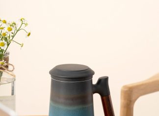 zens tea mug with infuser and lid wood handle loose leaf tea strainer cup 360ml matte dark green ceramic tea steeping mu 3