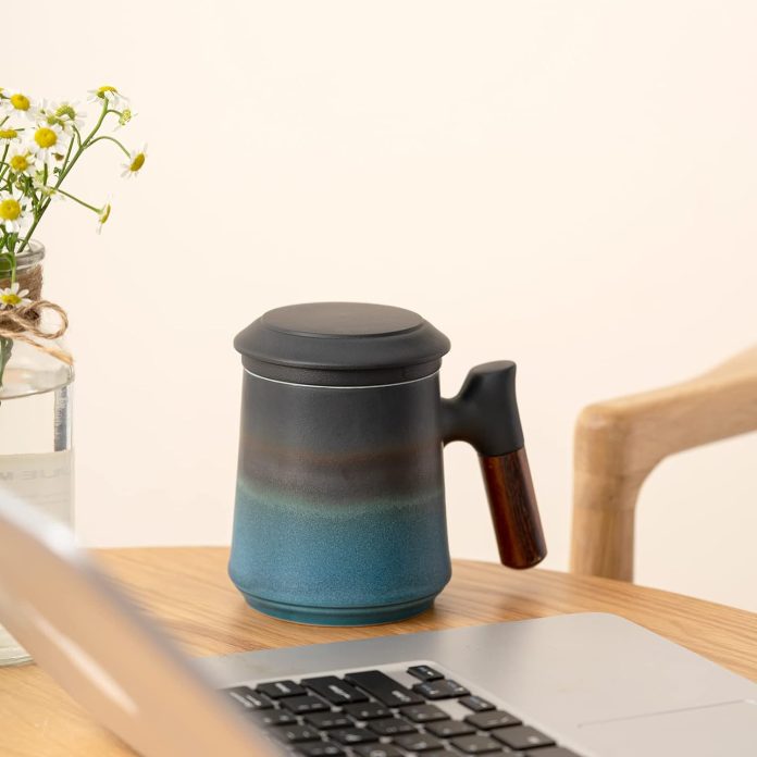 zens tea mug with infuser and lid wood handle loose leaf tea strainer cup 360ml matte dark green ceramic tea steeping mu 3