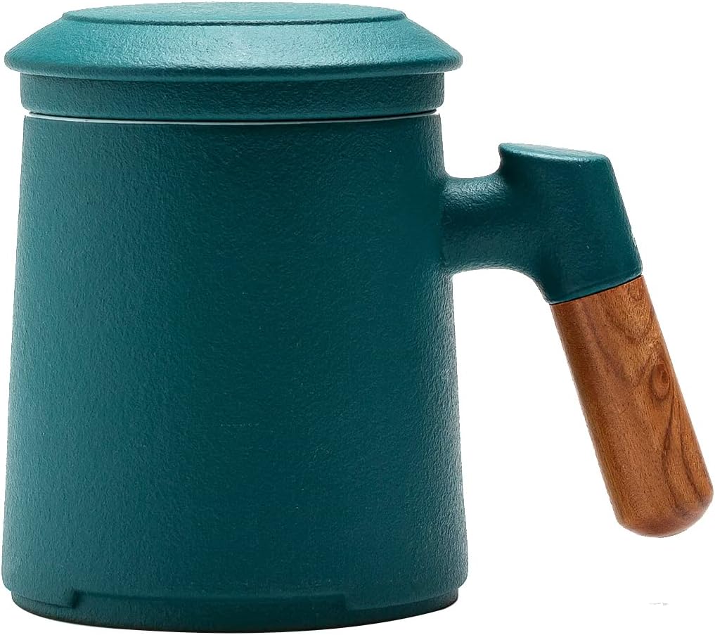 ZENS Tea Mug with Infuser and Lid, Wood Handle Loose Leaf Tea Strainer Cup, 360ML Matte Dark Green Ceramic Tea Steeping Mug Gifts