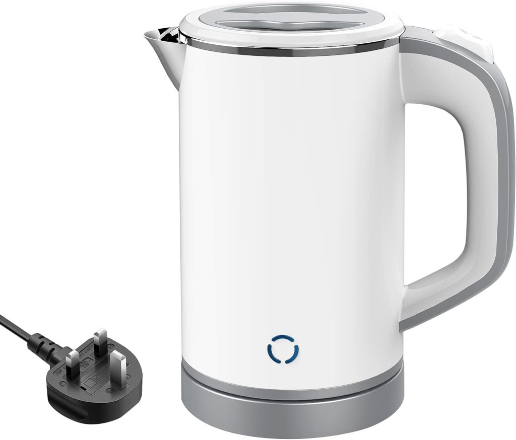 0.8L Electric Kettle, 600W Fast Boil Stainless Steel Portable Electric Travel Kettle for Boiling Water, Double Wall Hot Water Kettle for Tea and Coffee,Auto-Shutoff,Boil-Dry Protection (White)