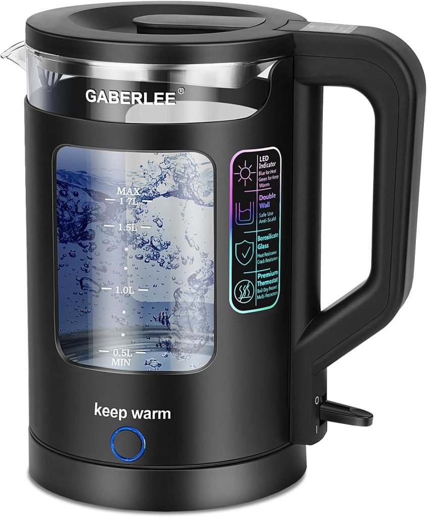 GABERLEE Electric Kettle, 1.7L, 3000W Fast Boil Quiet Glass Kettle with Blue LED, Auto Shut-Off and Boil-Dry Protection, Mesh Filter, Keep Warm Function, BPA-Free, Black