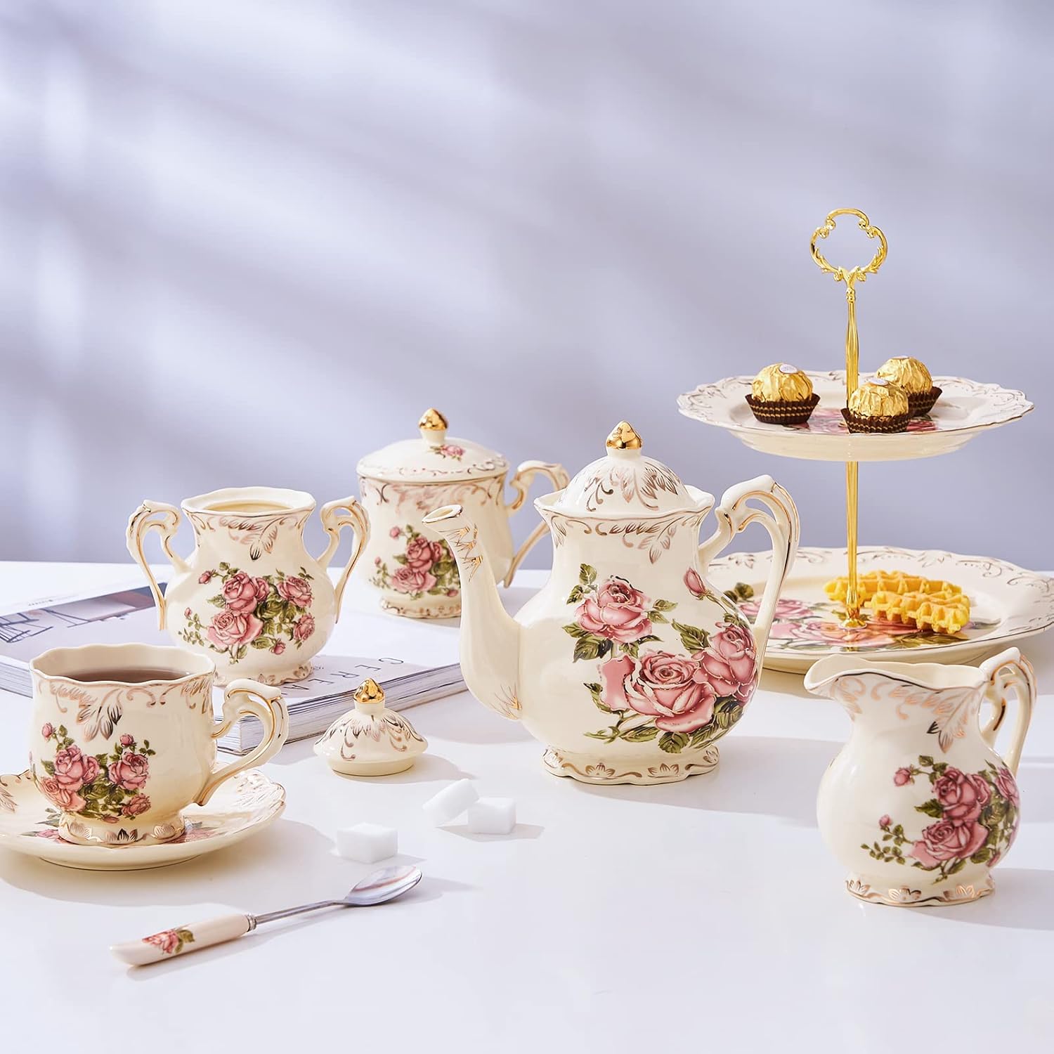 YOLIFE Pink Rose Teapot, 800ml - 4 Cup Ceramic Teapot, Vintage Ivory Floral with Gold Leaves Edge Design, Gift for Women YOLIFE Pink Rose Teapot, 800ml - 4 Cup Ceramic Teapot, Vintage Ivory Floral with Gold Leaves Edge Design, Gift for Women