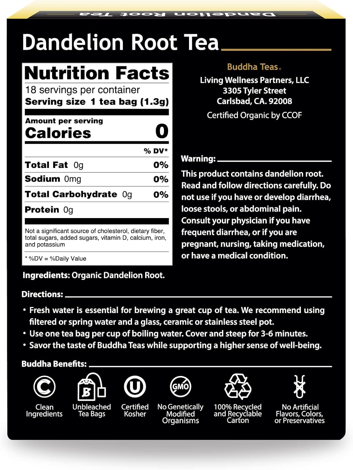 Buddha Teas Dandelion Root Tea - Kosher, Caffeine-Free, GMO-Free - 18 Bleach-Free Tea Bags multi 24g Buddha Teas Dandelion Root Tea - Kosher, Caffeine-Free, GMO-Free - 18 Bleach-Free Tea Bags multi 24g